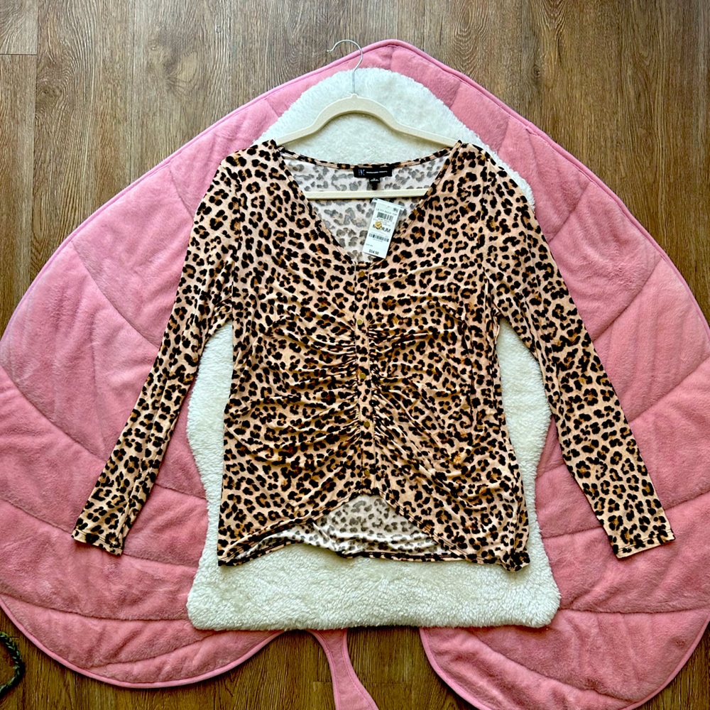 NWT INC Ruched Cheetah Long Sleeve Women’s Blouse Size Medium